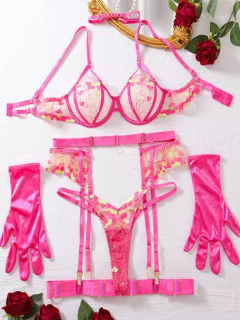 Sexy Lingerie Pink 4-Piece Adult's Bra & Panty Sets